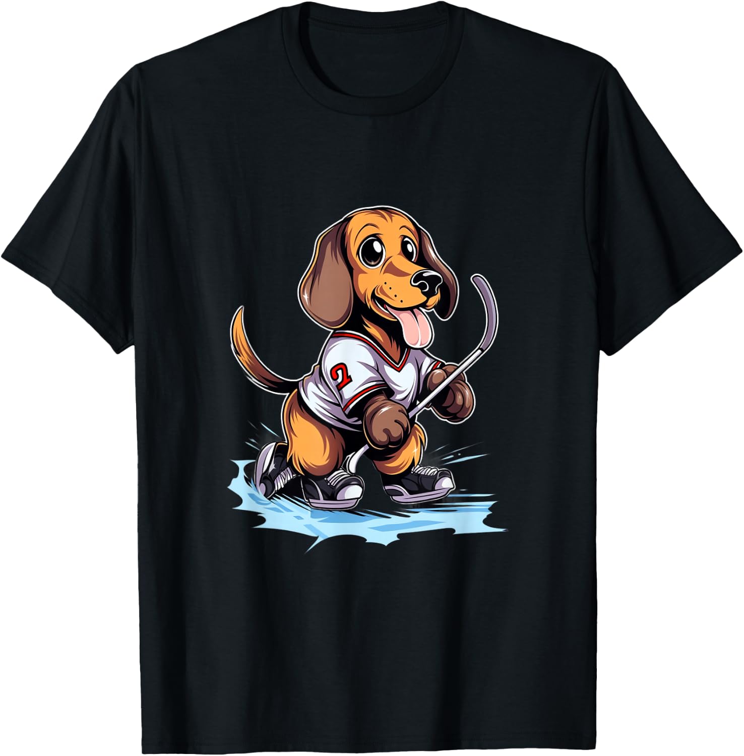 Dachshund Ice Hockey Player Dog Hockey Stick Goalie T-Shirt - T-Shirt | Black