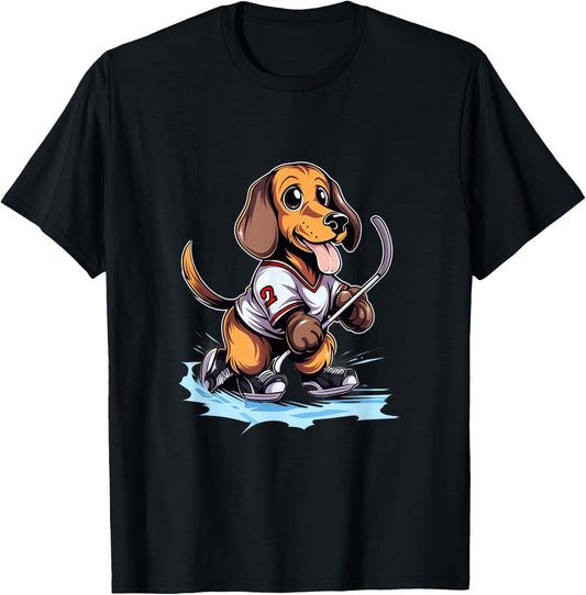 Dachshund Ice Hockey Player Dog Hockey Stick Goalie T-Shirt - T-Shirt | Black