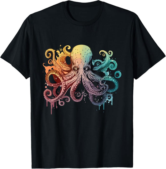 Colorful Octopus Artwork - Watercolor Animal Lover Sea Diver T-Shirt - T-Shirt | Black