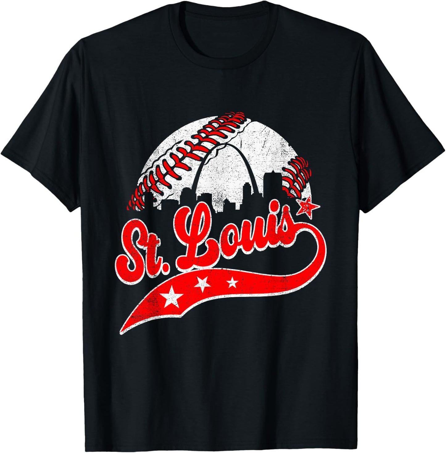 St. Louis Cityscape Distressed Baseball Men Women Kids T-Shirt - T-Shirt | Black