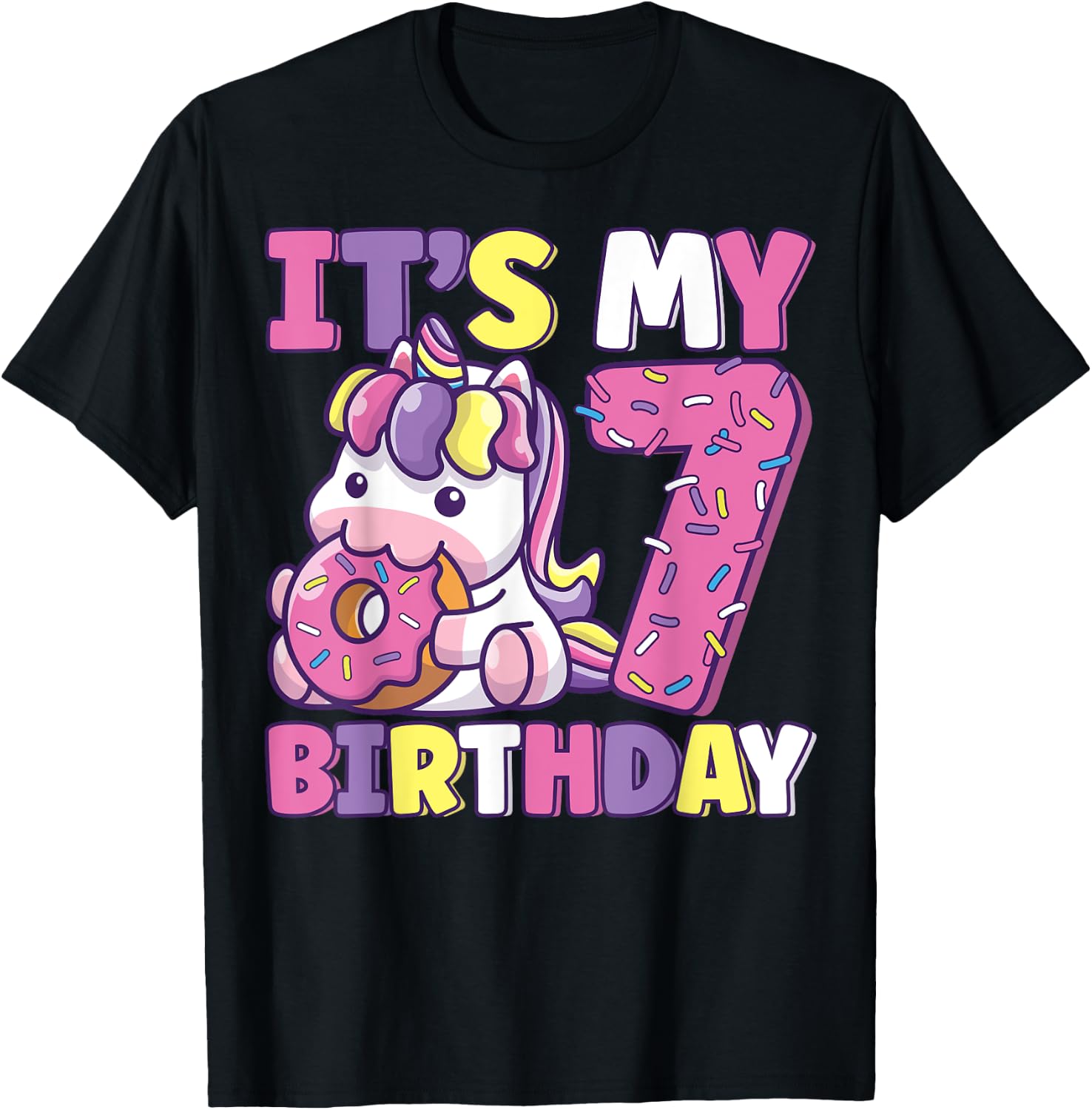 It's My 7th Birthday Party Cute Girls Donut Birthday Unicorn T-Shirt - T-Shirt | Black
