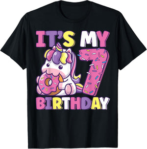 It's My 7th Birthday Party Cute Girls Donut Birthday Unicorn T-Shirt - T-Shirt | Black