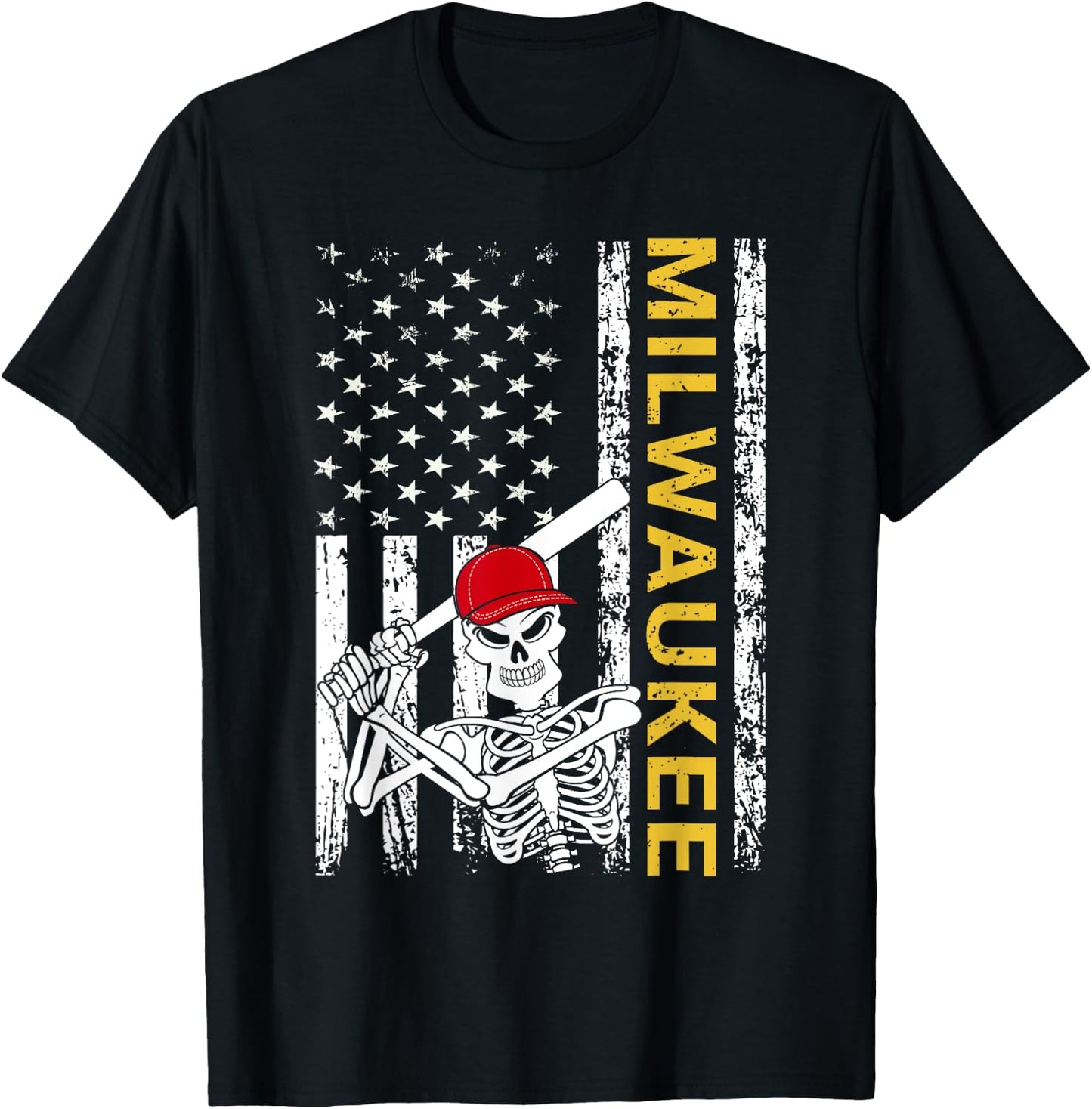 Milwaukee Halloween US Flag Skeleton Baseball Players T-Shirt - T-Shirt | Black