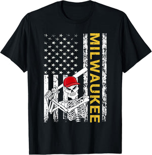 Milwaukee Halloween US Flag Skeleton Baseball Players T-Shirt - T-Shirt | Black