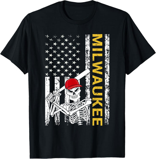 Milwaukee Halloween US Flag Skeleton Baseball Players T-Shirt - T-Shirt | Black