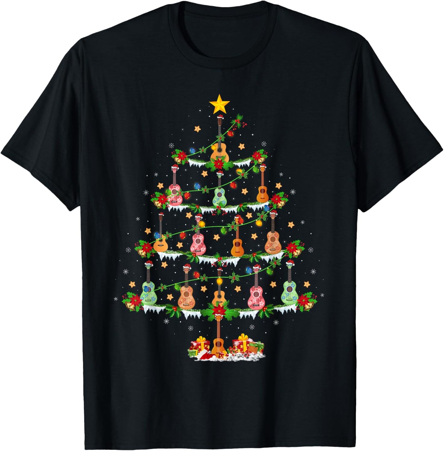Ukulele Lover Xmas Lighting Santa Ukulele Christmas Tree T-Shirt - T-Shirt | Black