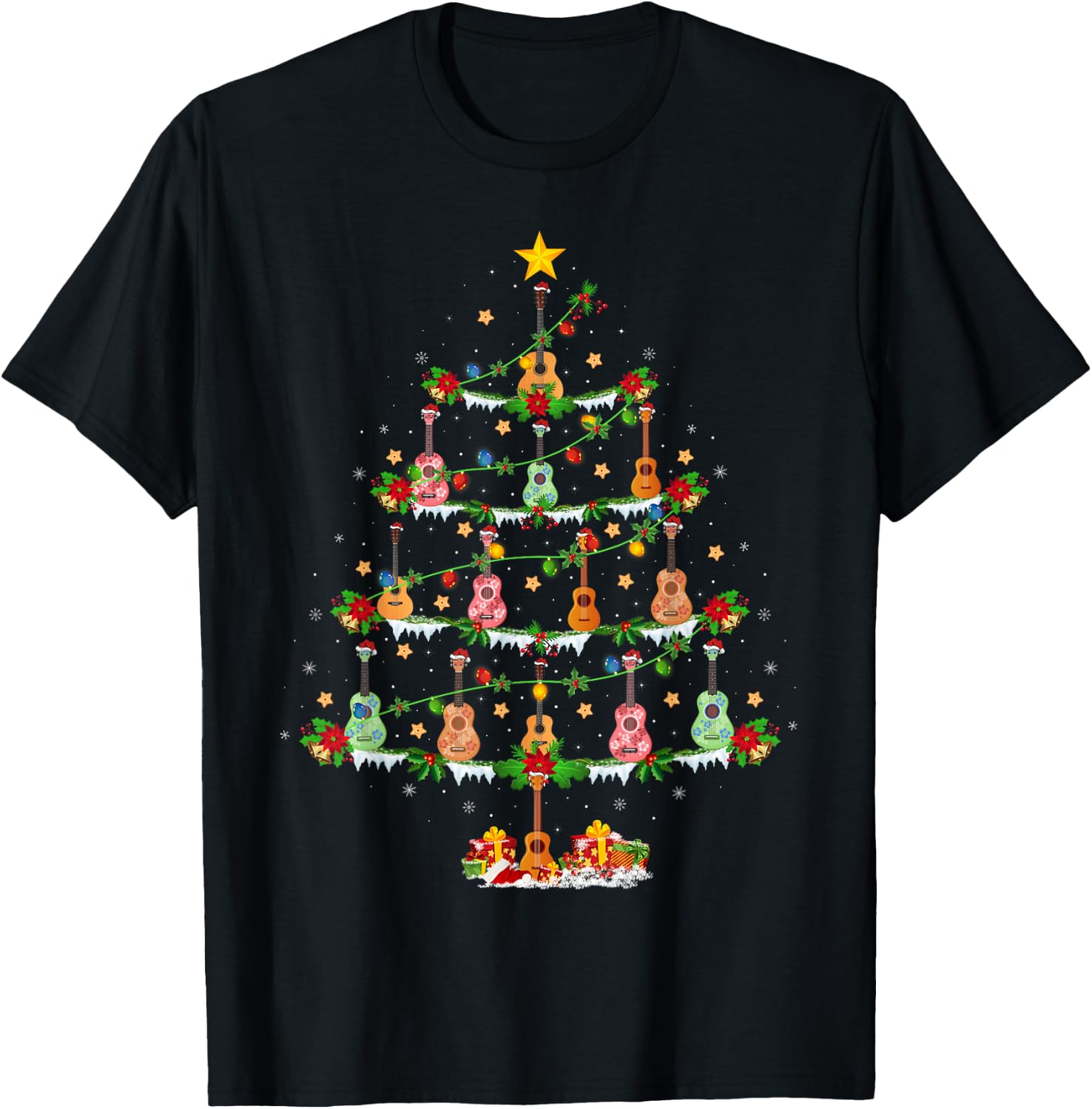 Ukulele Lover Xmas Lighting Santa Ukulele Christmas Tree T-Shirt - T-Shirt | Black
