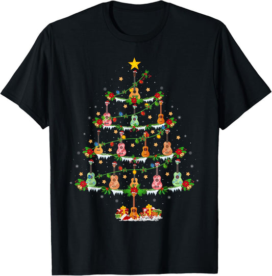 Ukulele Lover Xmas Lighting Santa Ukulele Christmas Tree T-Shirt - T-Shirt | Black