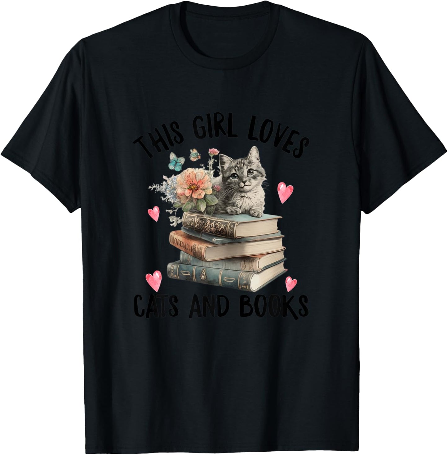 This Girl Loves Cats and Books ok? Funny Cat Watercolor T-Shirt - T-Shirt | Black