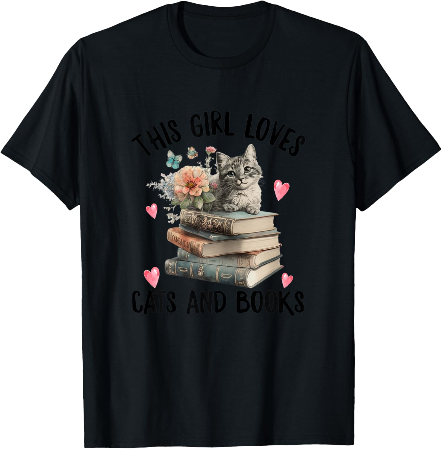 This Girl Loves Cats and Books ok? Funny Cat Watercolor T-Shirt - T-Shirt | Black