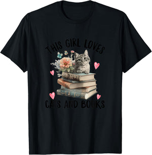 This Girl Loves Cats and Books ok? Funny Cat Watercolor T-Shirt - T-Shirt | Black