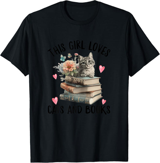 This Girl Loves Cats and Books ok? Funny Cat Watercolor T-Shirt - T-Shirt | Black
