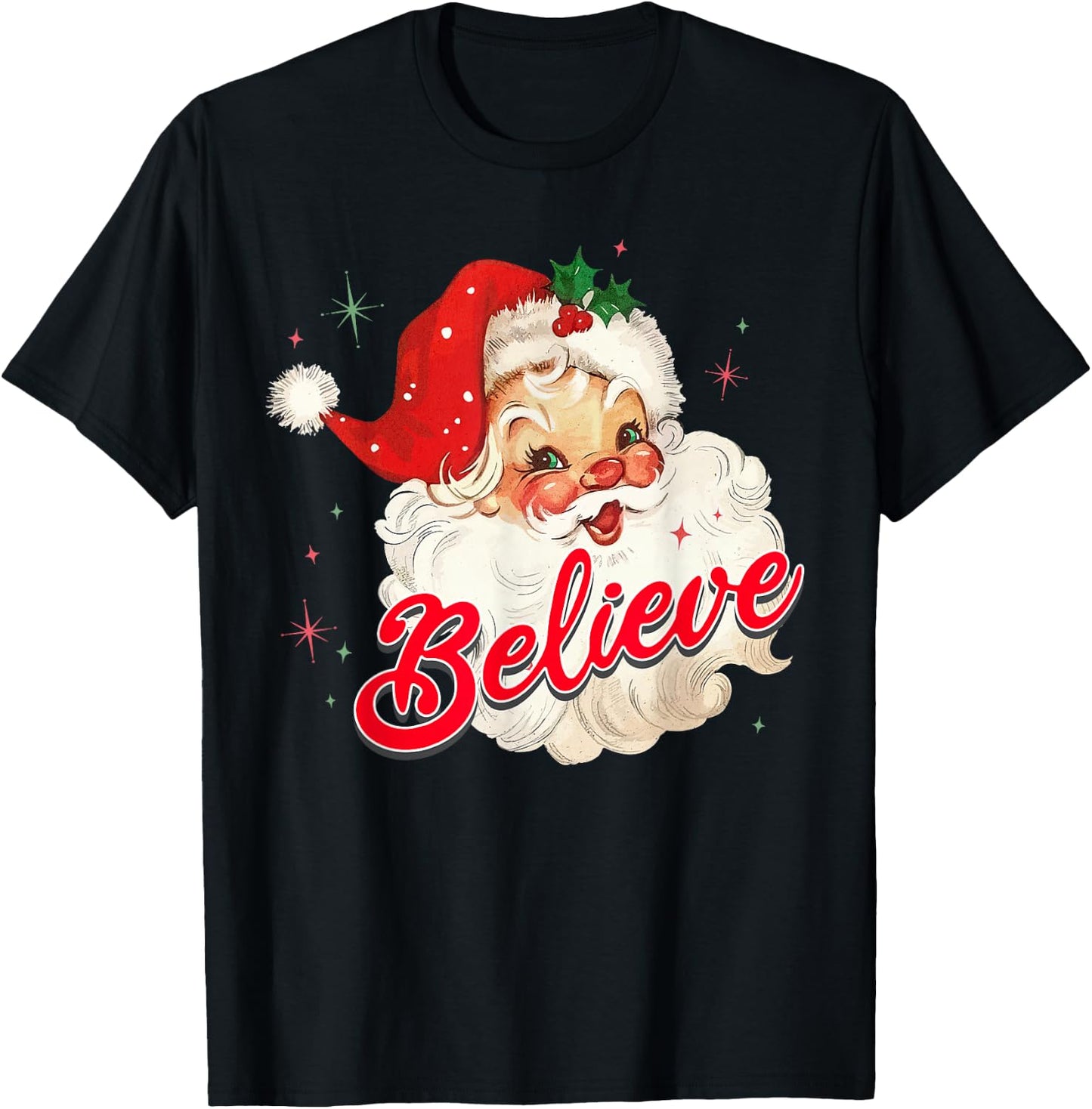 Vintage Santa Claus Believe Christmas Women Boys Girls T-Shirt - T-Shirt | Black