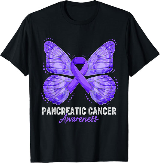Pancreatic Cancer Awareness Month Butterfly Purple Ribbon T-Shirt - T-Shirt | Black