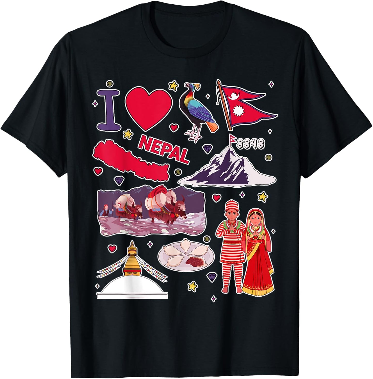 Nepali hand drawn landmarks, Nepal map, cultural icons T-Shirt - T-Shirt | Black