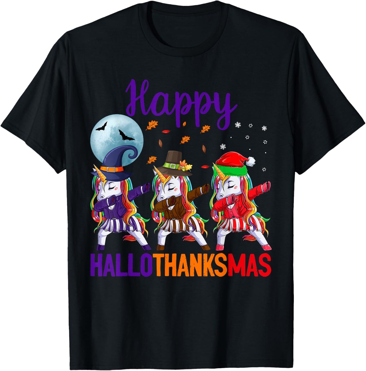 Happy Hallothanksmas Dabbing Unicorn Halloween Thanksgiving T-Shirt - T-Shirt | Black