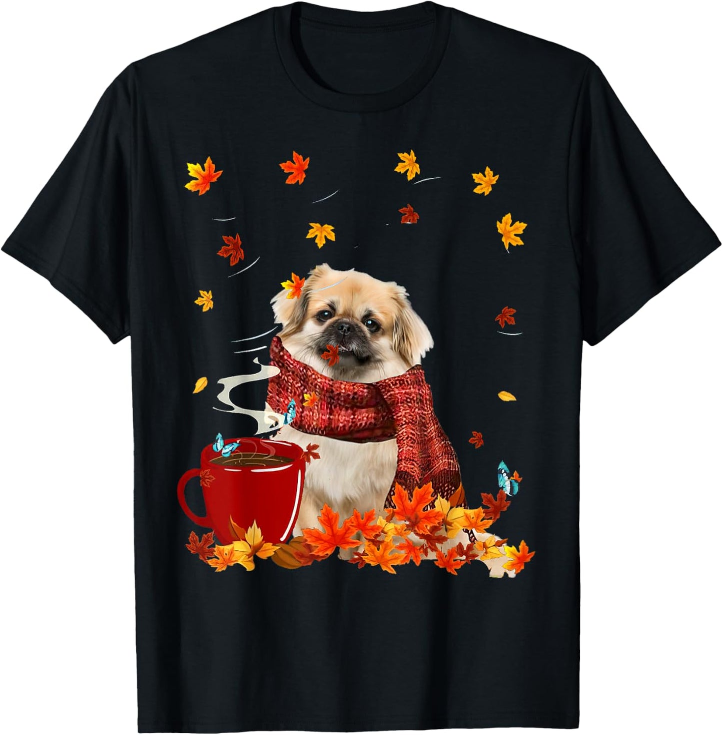 Tibetan Spaniel Fall Red Scarf Autumn Leaf For Dog Lover Men Women T-Shirt - T-Shirt | Black