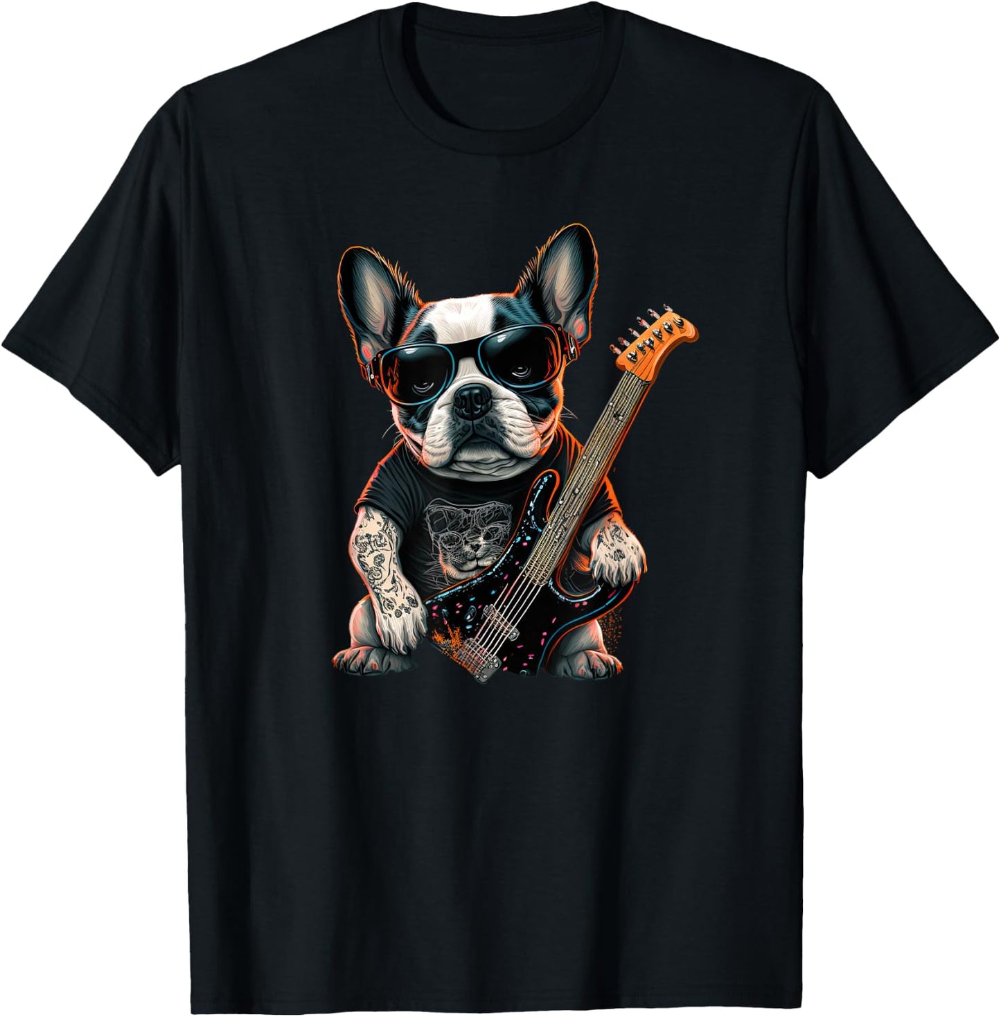 Funny French Bulldog Frenchie Rock and Roll Music Rocker T-Shirt - T-Shirt | Black