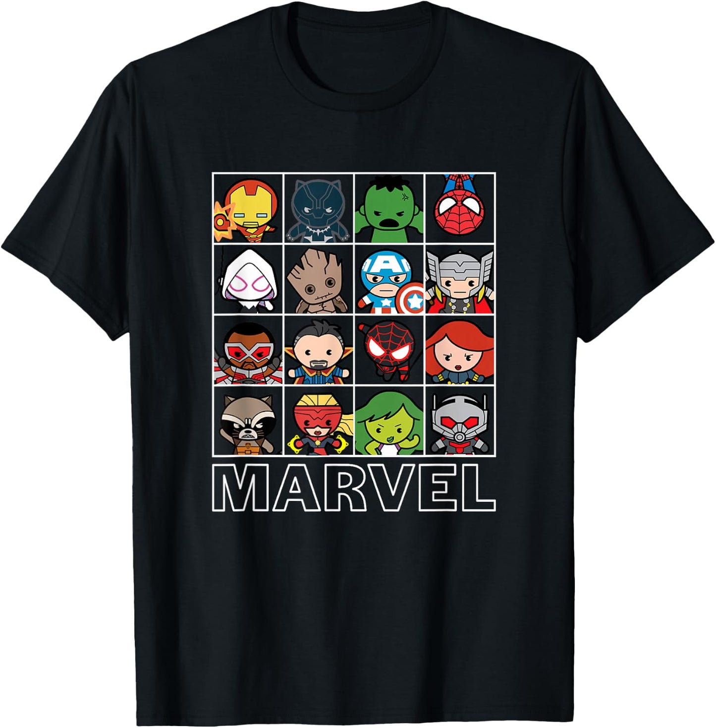 Marvel Kawaii Chibi Iconic Characters Grid Panels T-Shirt - T-Shirt | Black