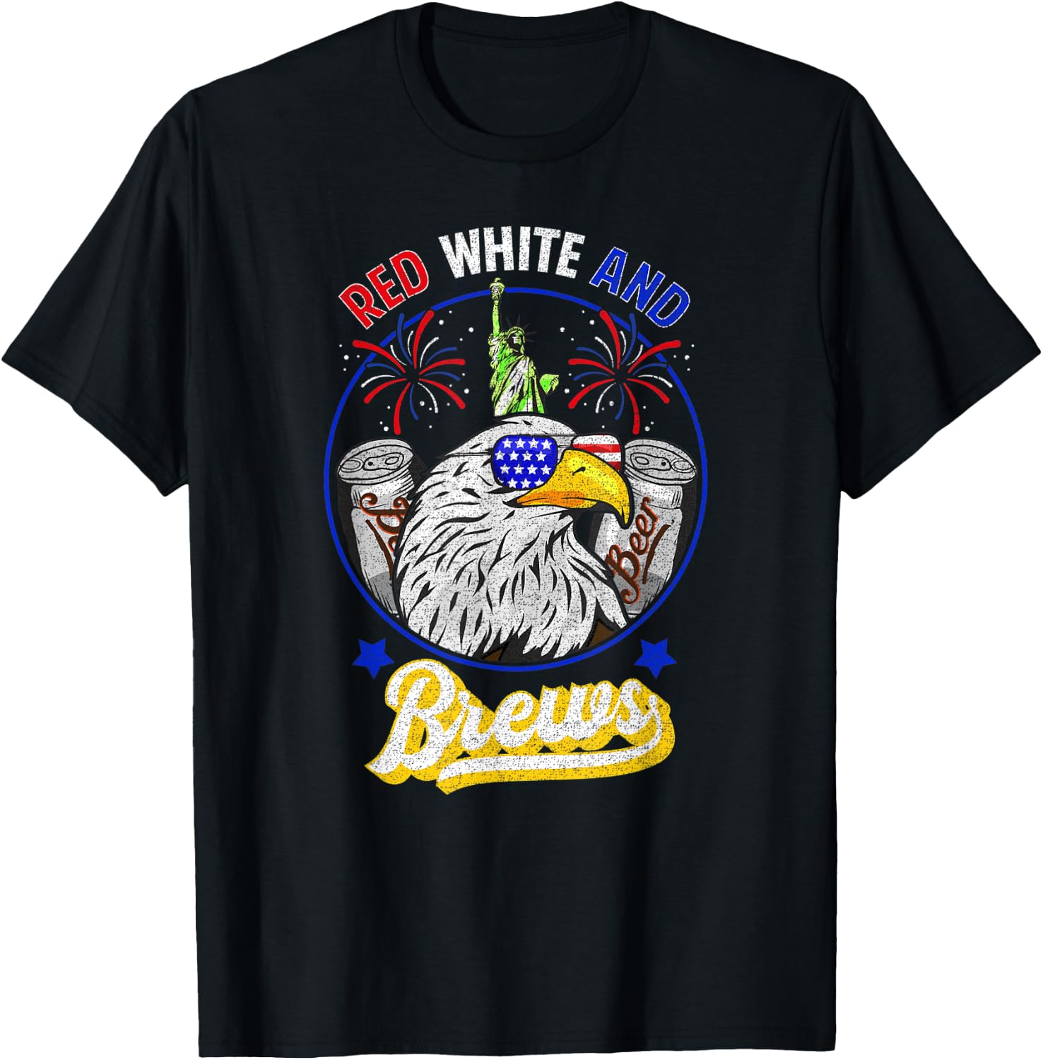 DISTRESSED RED WHITE and BREWS 4th of July Beer Alcohol T-Shirt - T-Shirt | Black