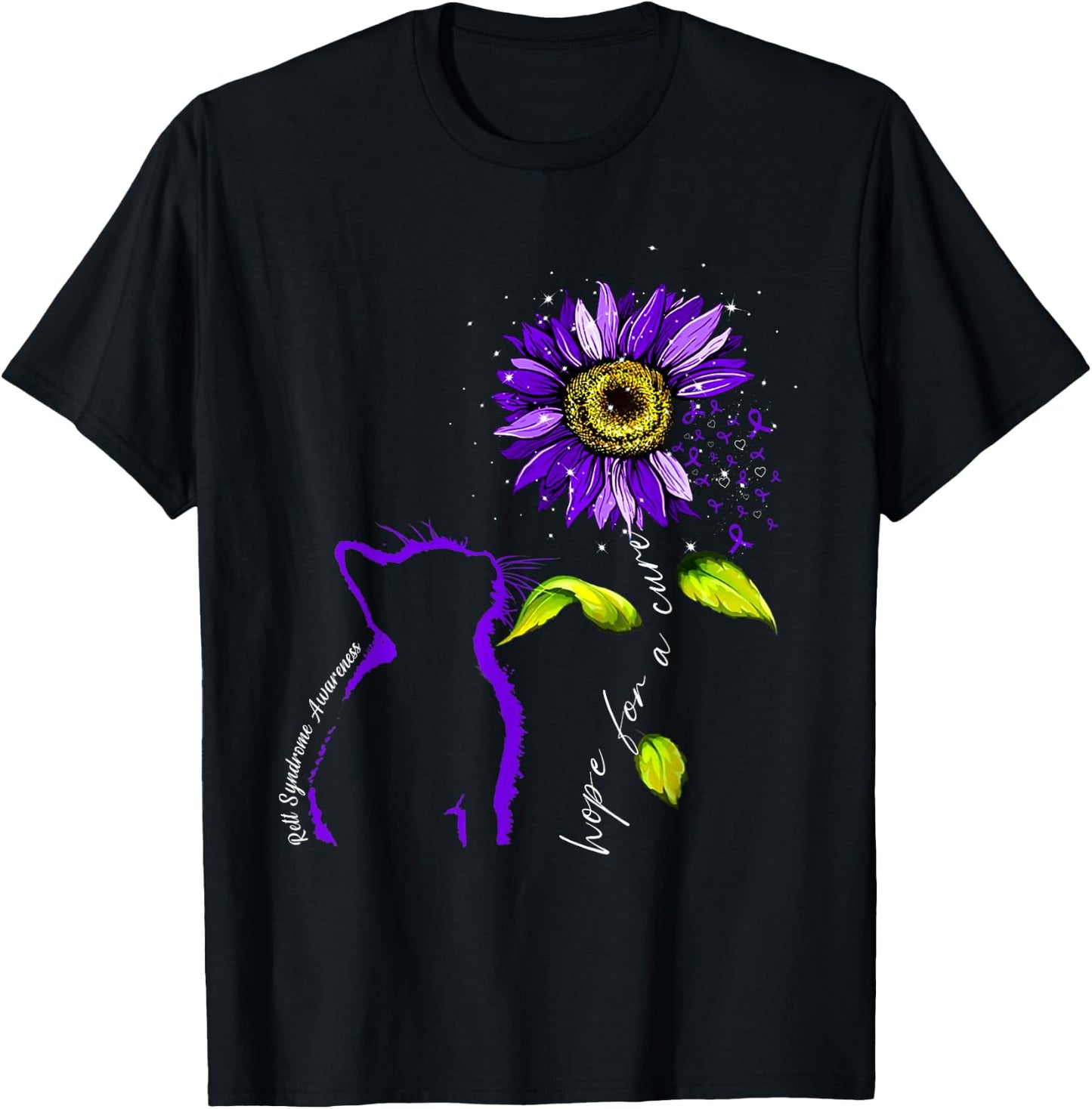 Sunflower Cat Purple Rett Syndrome Awareness Men Women T-Shirt - T-Shirt | Black