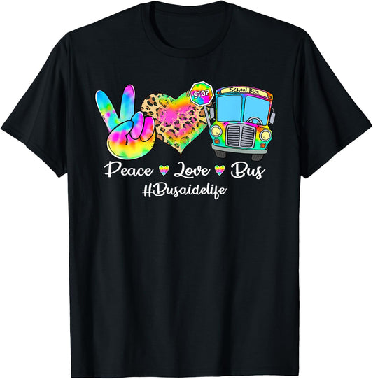 Peace Love Bus Tie Dye Leopard Bus Aide Life Gifts T-Shirt - T-Shirt | Black