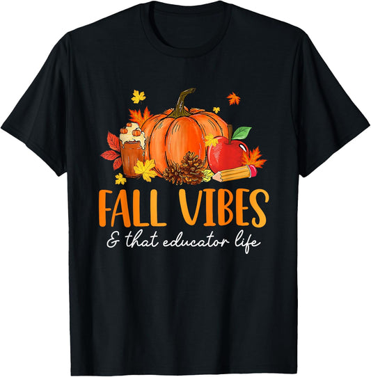 Fall Vibes & That Educator Life Leopard Pumpkin Season T-Shirt - T-Shirt | Black