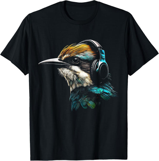 Bird Headphones Artwork | Music Animal Motif Bird T-Shirt - T-Shirt | Black