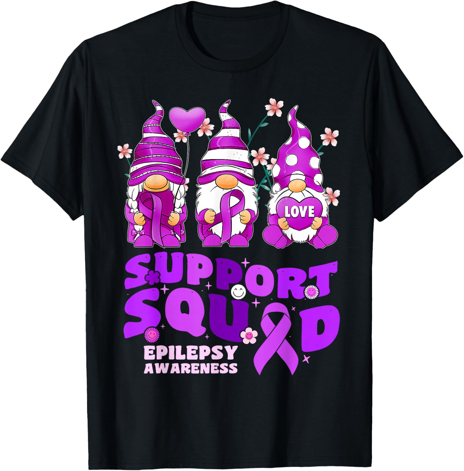 Support Squad Epilepsy Awareness Gnome Ribbon Flower Groovy T-Shirt - T-Shirt | Black
