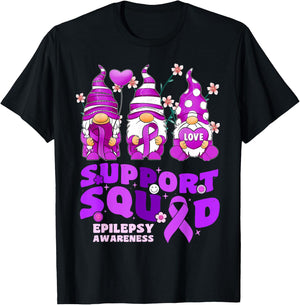 Support Squad Epilepsy Awareness Gnome Ribbon Flower Groovy T-Shirt - T-Shirt | Black