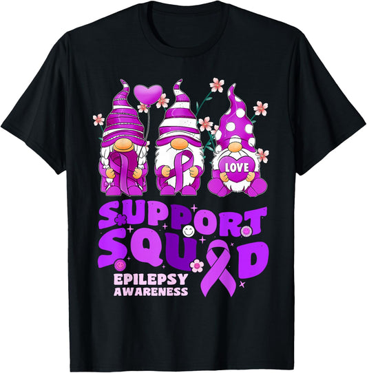 Support Squad Epilepsy Awareness Gnome Ribbon Flower Groovy T-Shirt - T-Shirt | Black