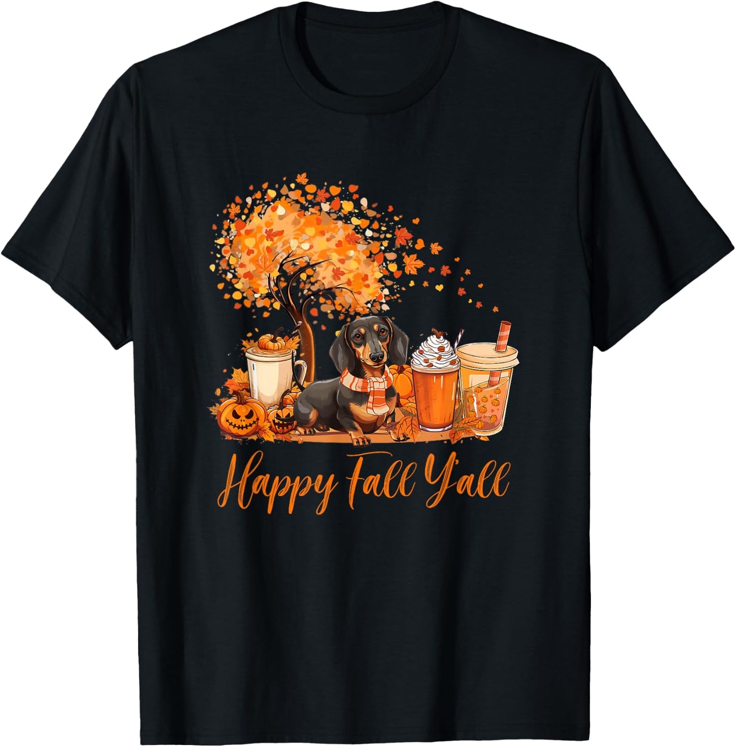 Happy Fall Y'all Dachshund Autumn Pumpkin Spice Latte T-Shirt - T-Shirt | Black