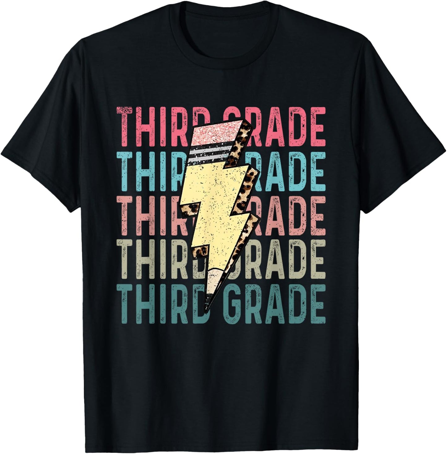 Retro Third Grade Teacher Lightning Bolt Pencil Teacher Kids T-Shirt - T-Shirt | Black