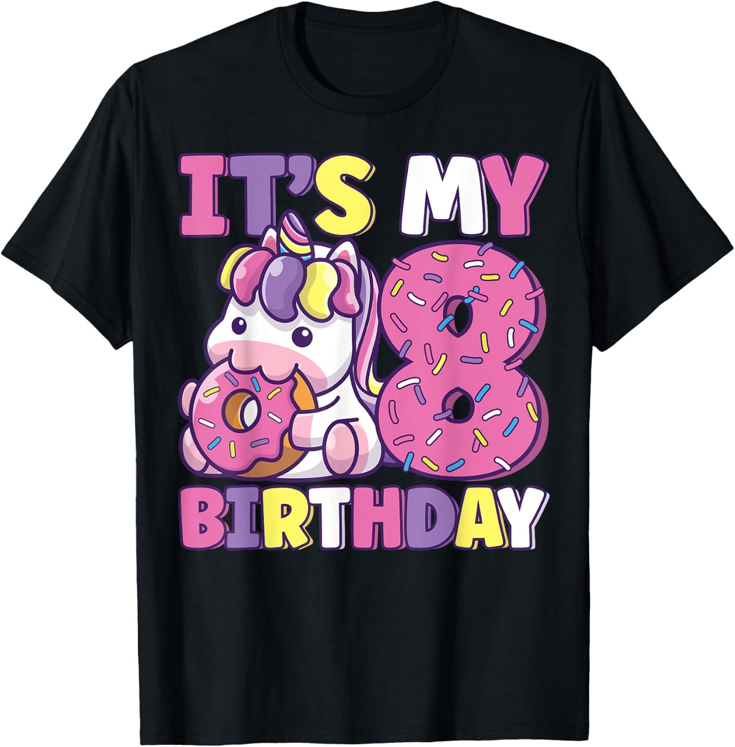 It's My 8th Birthday Party Cute Girls Donut Birthday Unicorn T-Shirt - T-Shirt | Black
