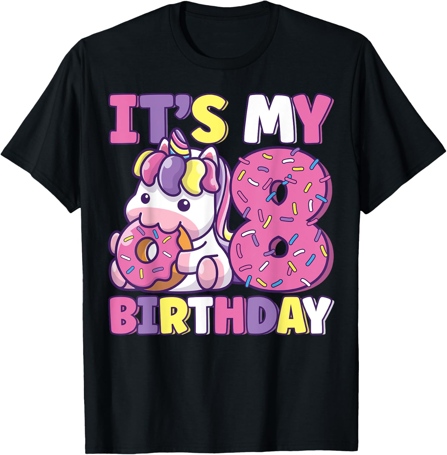 It's My 8th Birthday Party Cute Girls Donut Birthday Unicorn T-Shirt - T-Shirt | Black