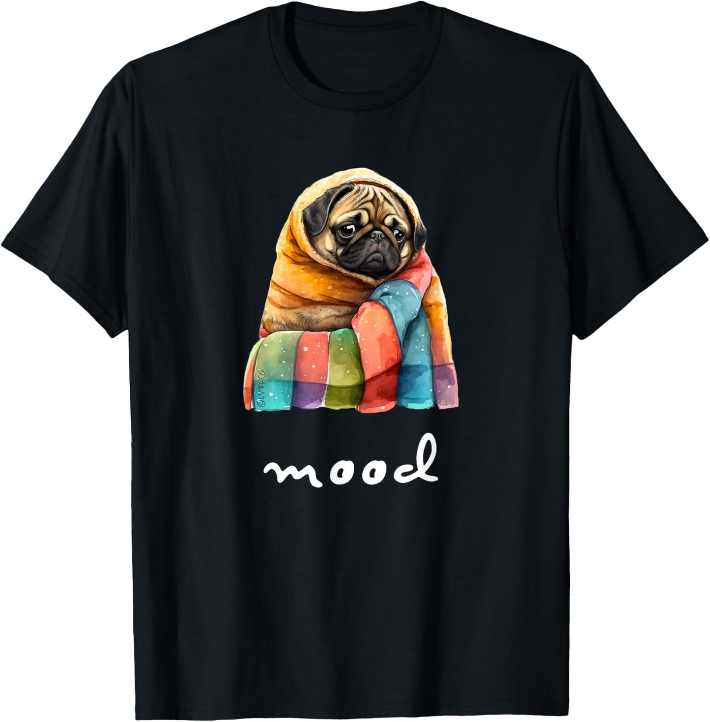 Funny Moody Pug in Cozy Blanket Cute Character T-Shirt - T-Shirt | Black