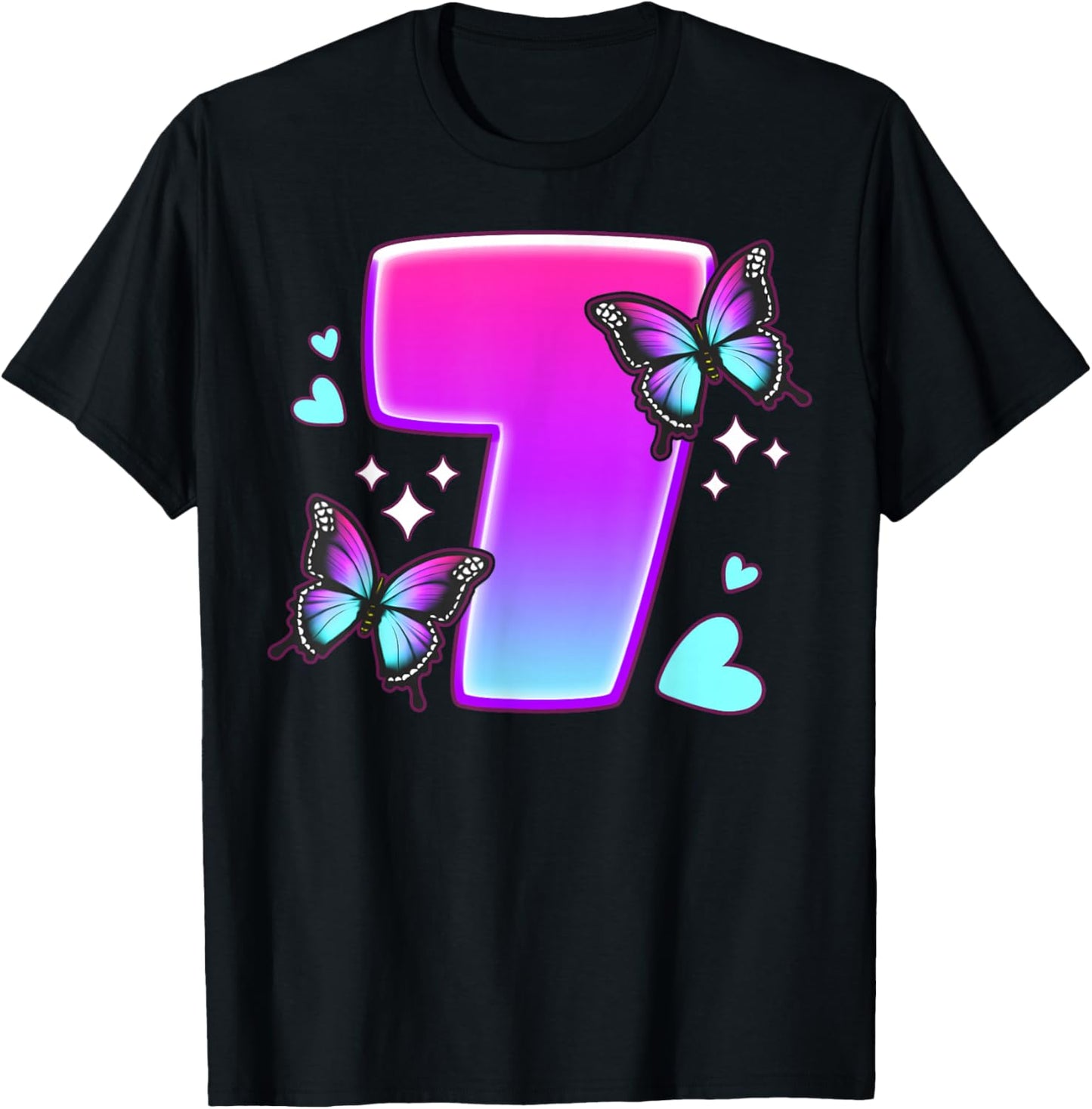 Birthday Girl 7 Years, Butterflies and Number 7 T-Shirt - T-Shirt | Black