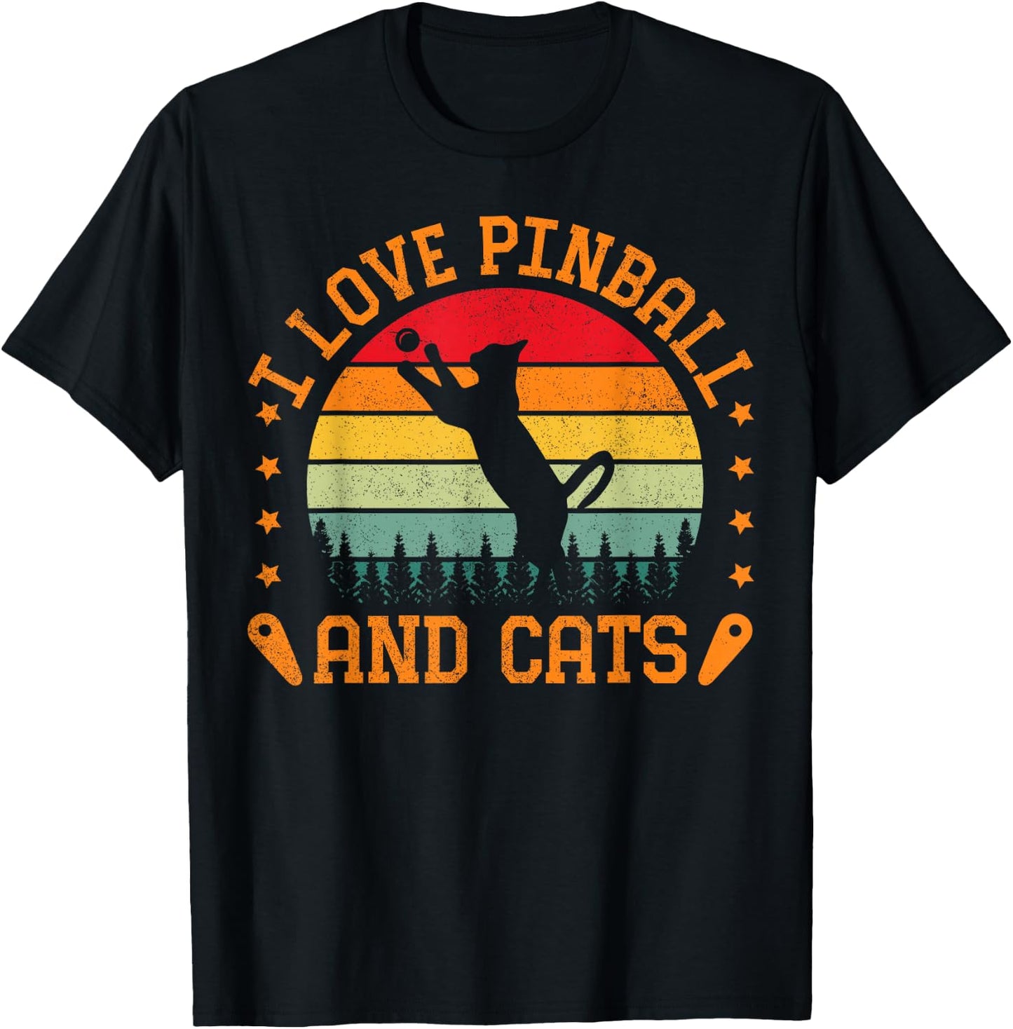 Retro Sunset I Love Pinball And Cats Pinball Machine Gamer T-Shirt - T-Shirt | Black