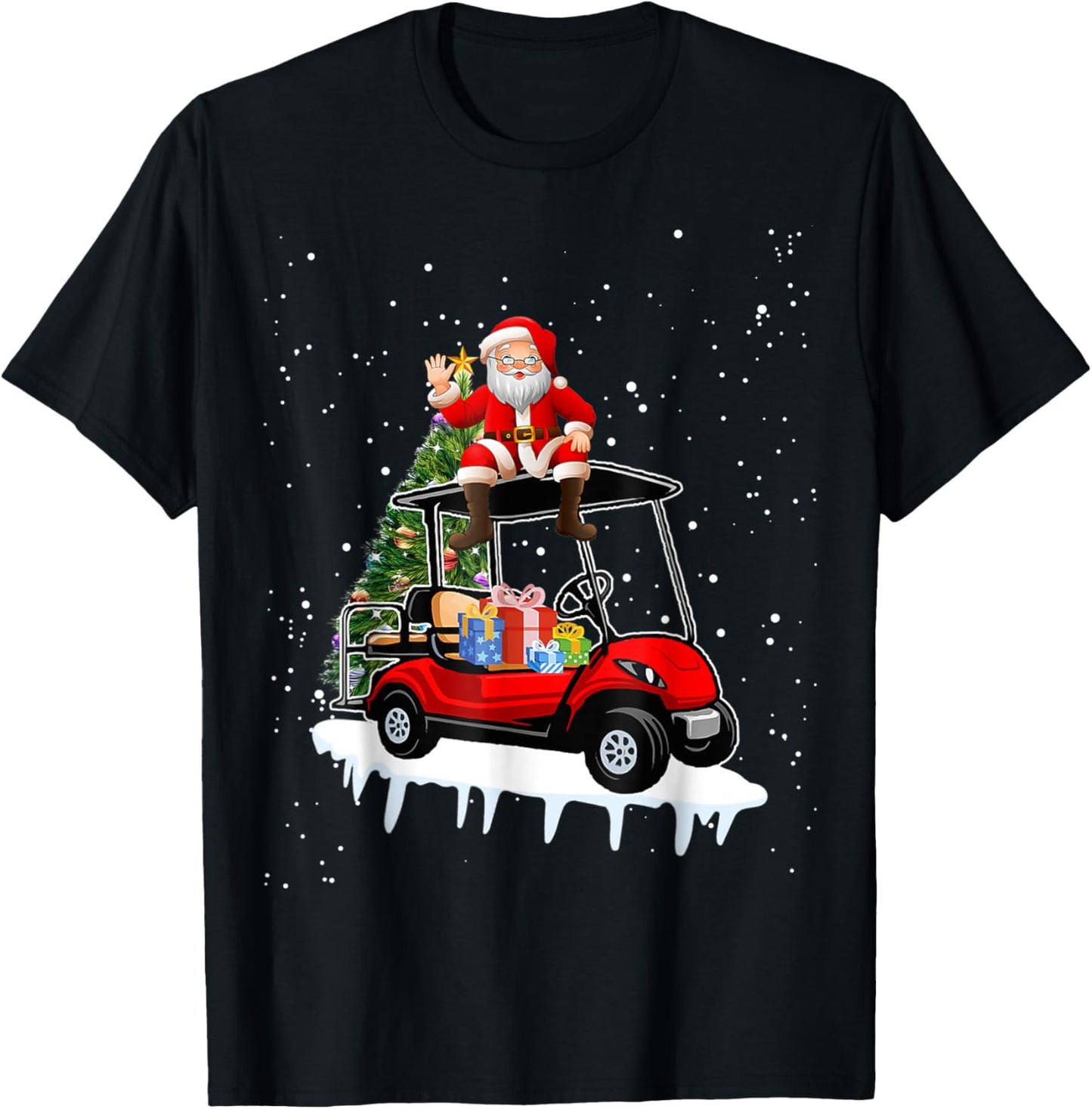 Funny Golfing Christmas Holiday Golf Cart Santa Xmas T-Shirt - T-Shirt | Black