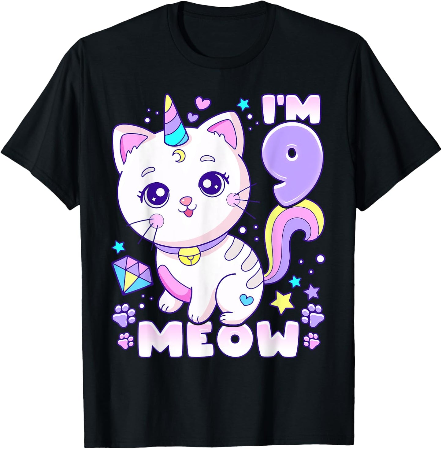 Birthday girl 9 years old, cat, unicorn, 9th birthday T-Shirt - T-Shirt | Black
