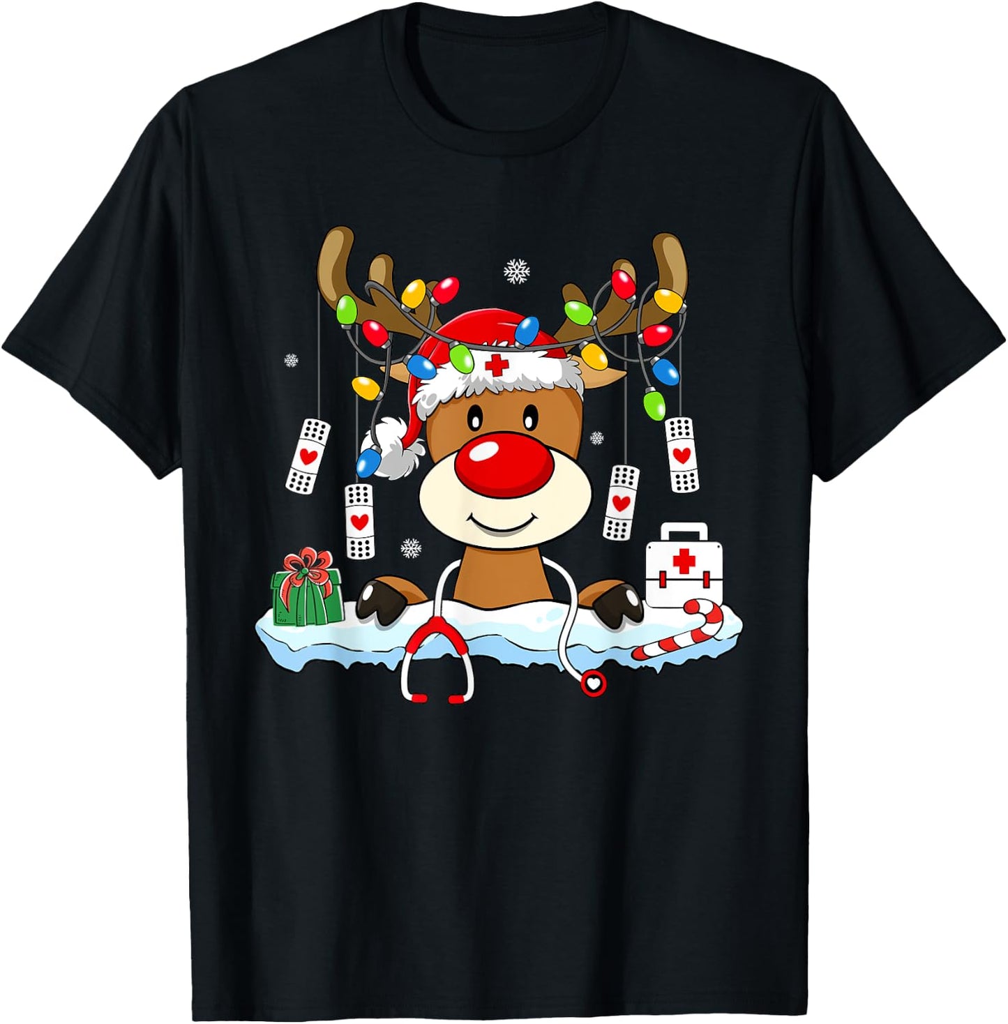 Family Christmas Shirts Gift Ideas Nurse Christmas Reindeer Stethoscope Nursing Matching Xmas T-Shirt - T-Shirt | Black