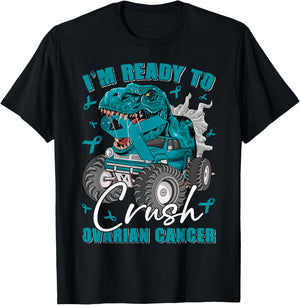 Ready To Crush Ovarian Cancer Awareness T Rex Monster Truck T-Shirt - T-Shirt | Black