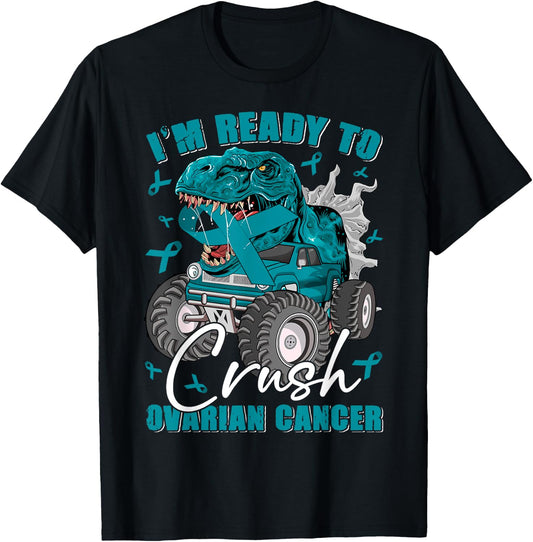 Ready To Crush Ovarian Cancer Awareness T Rex Monster Truck T-Shirt - T-Shirt | Black