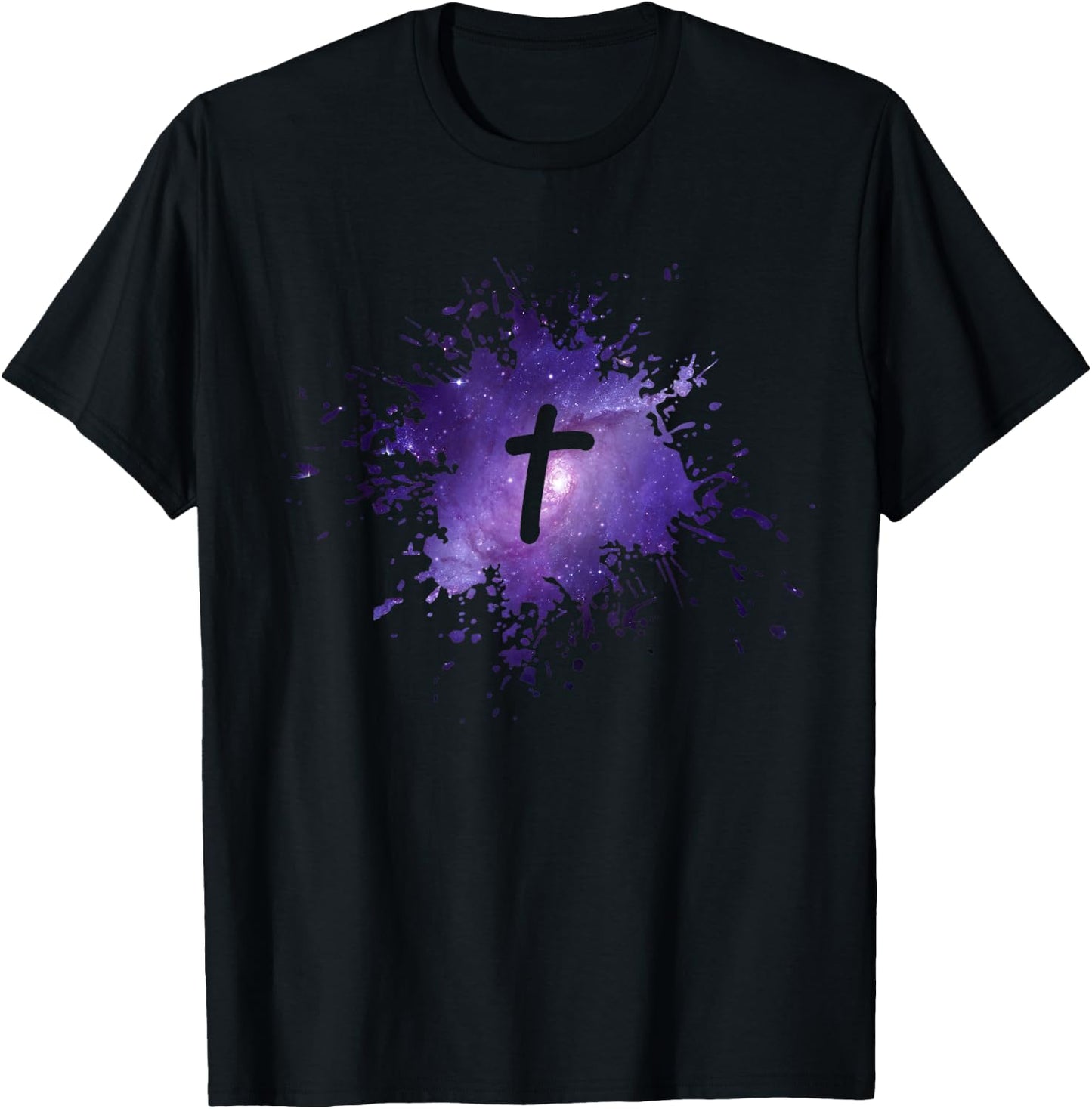 Purple Galaxy Splatter Design with Cross Christian Men Women T-Shirt - T-Shirt | Black