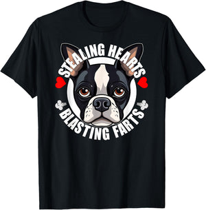 Funny Boston Terrier Stealing Hearts Blasting Farts Cute Dog Men Women Girls Kids T-Shirt - T-Shirt | Black
