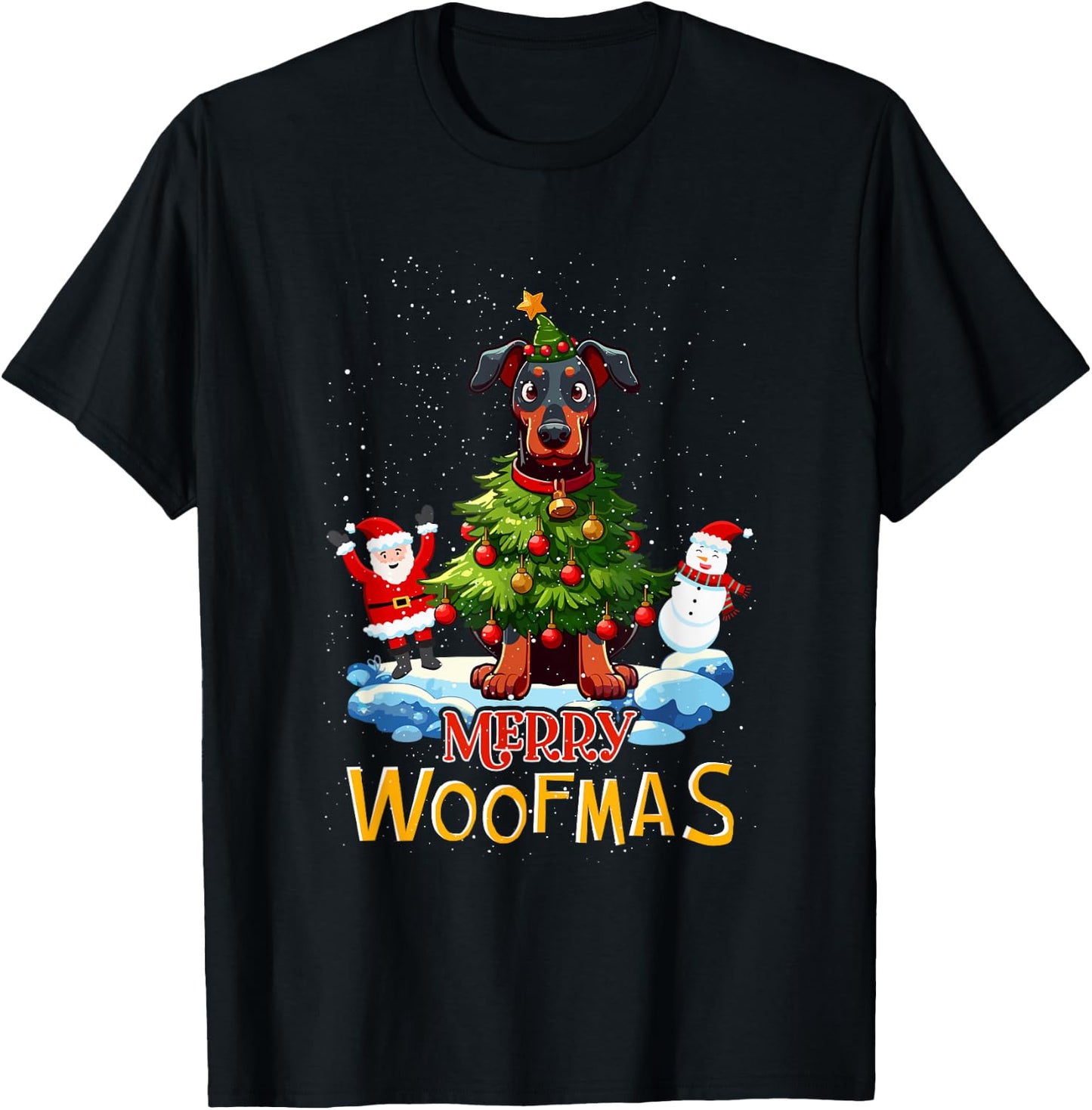 Doberman Merry Christmas Tree Lights Dog X-Mas Dogs T-Shirt - T-Shirt | Black