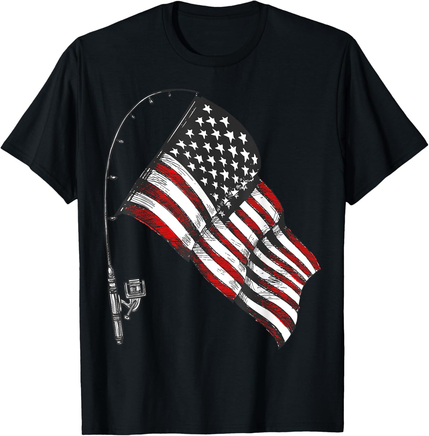 Vintage American Flag Fishing Rod Fishing Lover Fisherman T-Shirt - T-Shirt | Black