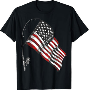 Vintage American Flag Fishing Rod Fishing Lover Fisherman T-Shirt - T-Shirt | Black