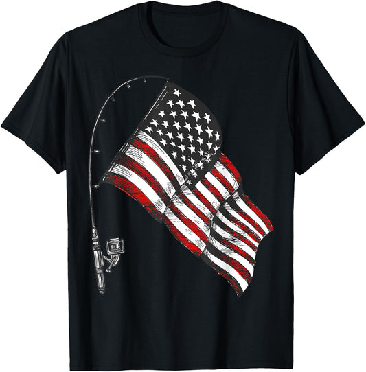 Vintage American Flag Fishing Rod Fishing Lover Fisherman T-Shirt - T-Shirt | Black