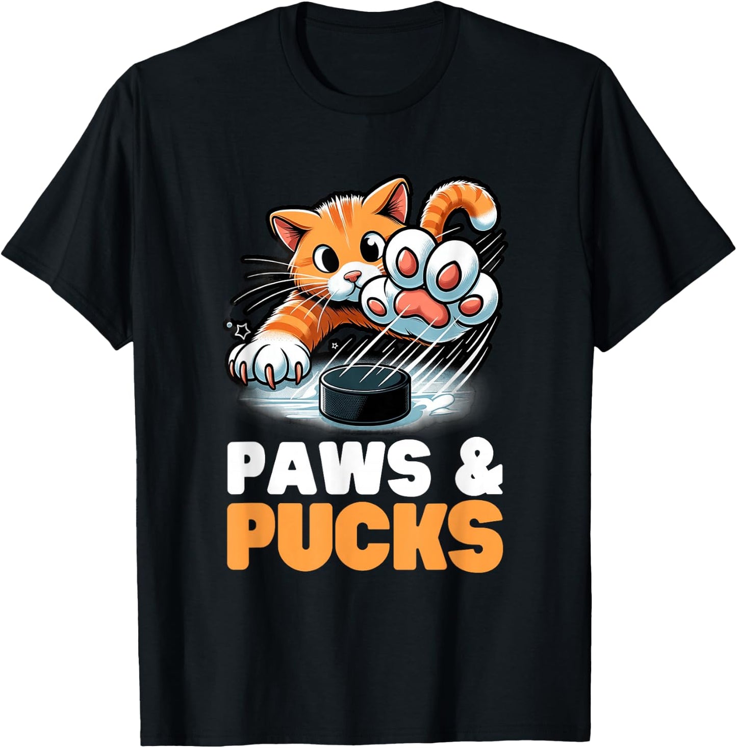 Funny Paws And Pucks Purr Feline Ice Hockey Cat T-Shirt - T-Shirt | Black